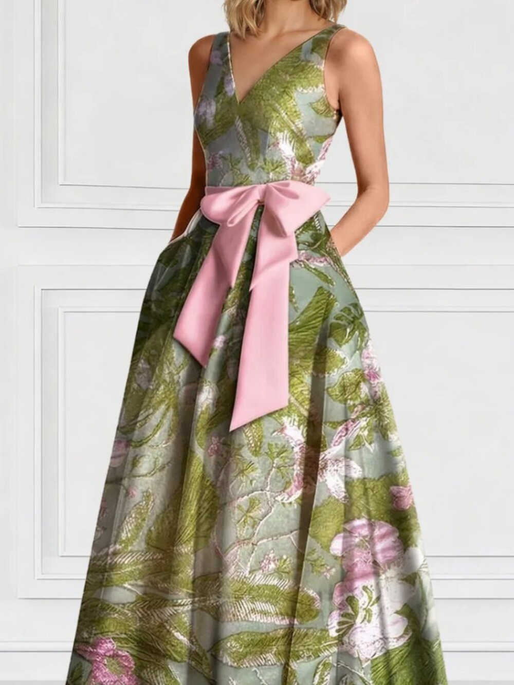 Nafori Floral Jacquard Tea-Length Gown | Sage & Pink | Size 10 | NWT